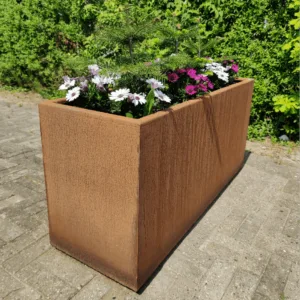 Plantekumme i corten stål med skjulte hjul 120 x 40 x 55
