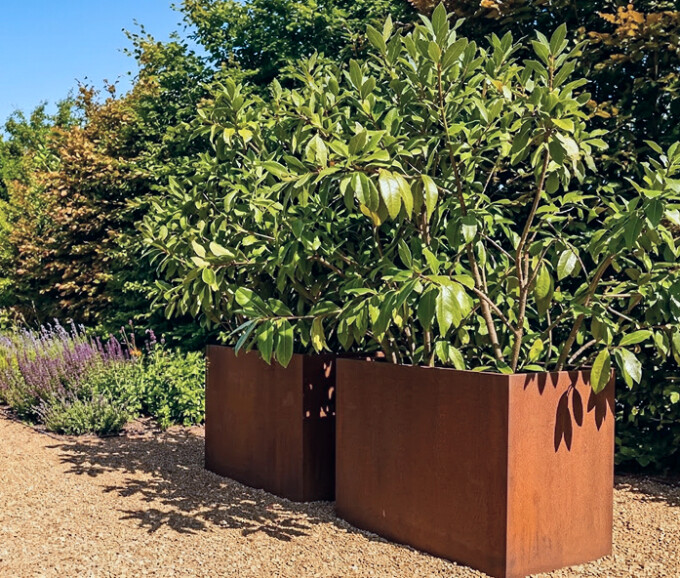 Plantekumme i 5 mm rust stålplade med skjulte hjul 100 x 35 x 50 cm
