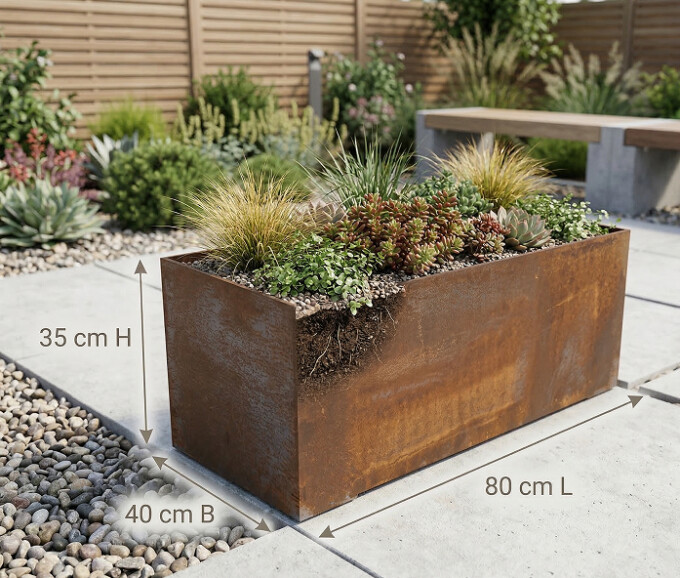 Plantekumme i 5 mm rust stålplade. 80 x 40 x 35 cm