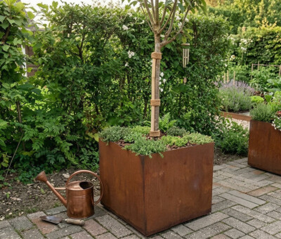 Plantekumme i 5 mm st&aring;lplade med skjulte hjul 40 x 40 x 35 cm