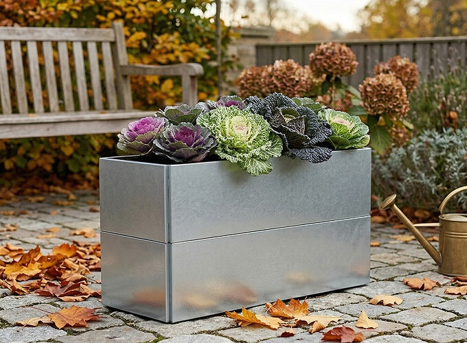 Plantekumme i varmgalvaniseret stål med skjulte hjul måler 120 x 40 x 50 cm