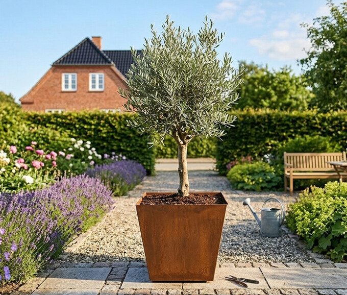 Plantekumme kegleformet i 5 mm stålplade med målene 40 x 40 x 35 cm