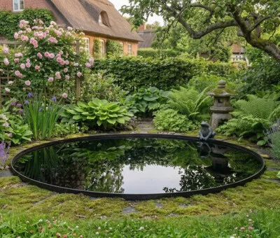 Rundt spejlbassin i corten st&aring;l &oslash;120 uden kant og med afl&oslash;bshul