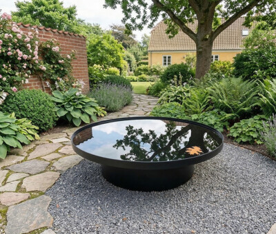 Sort lakeret jern ring som ben til rundt spejlbassin