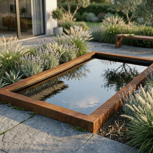 Spejlbassin i 5mm Corten stål med kant 120 x 60 x 10