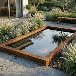 Spejlbassin i 5mm Corten stål med kant 120 x 60 x 10