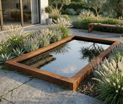 Spejlbassin i 5mm Corten st&aring;l med kant  120 x 60 x 10