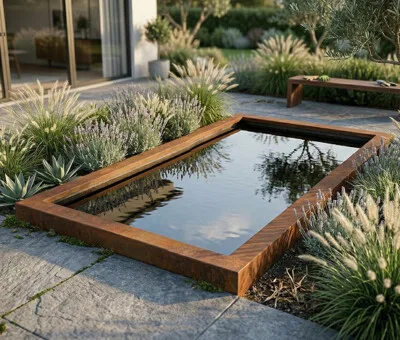 Spejlbassin i 5mm Corten st&aring;l med kant  120 x 60 x 10
