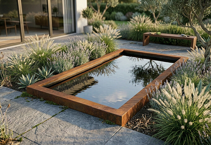 Spejlbassin i 5mm Corten stål med kant  120 x 60 x 10