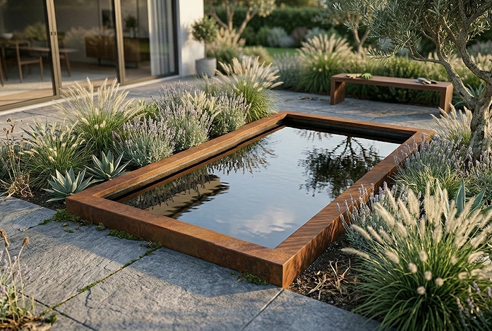 Spejlbassin i 5mm Corten Stål Med Kant 120 x 60 x 10 - Flot Vandspejl til Haven