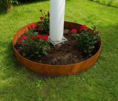 Rundt h&oslash;jbed &oslash;95 cm, 18 cm h&oslash;j og 3 mm Corten st&aring;l, &aring;ben