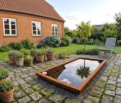Spejlbassin i 5mm Corten st&aring;l med kant  120 x 60 x 10