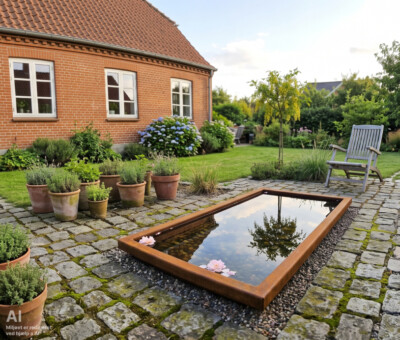 Spejlbassin i 5mm Corten st&aring;l med kant  120 x 60 x 10