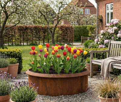 Rundt h&oslash;jbed rusten med sneglekant H26 cm