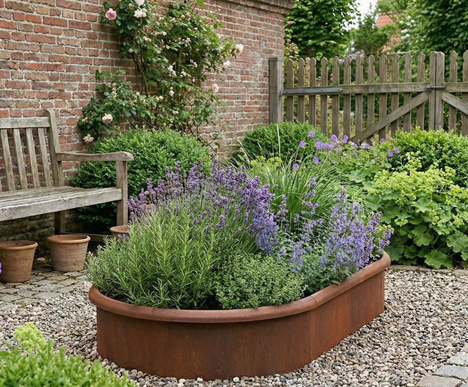 Ovale højbed rusten med sneglekant H26 cm