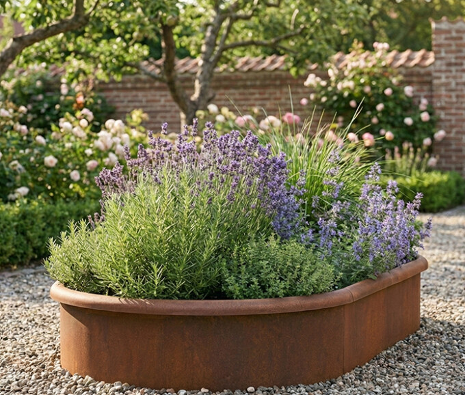 Ovale højbed rusten med sneglekant H40 cm