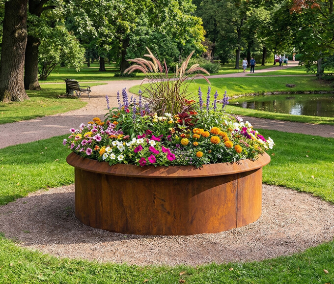 Rundt højbed rusten med sneglekant H40 cm