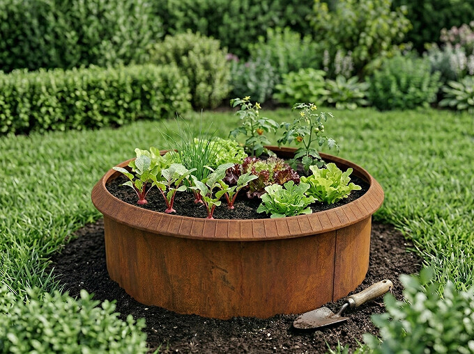 Rundt højbed rusten med sneglekant H54 cm